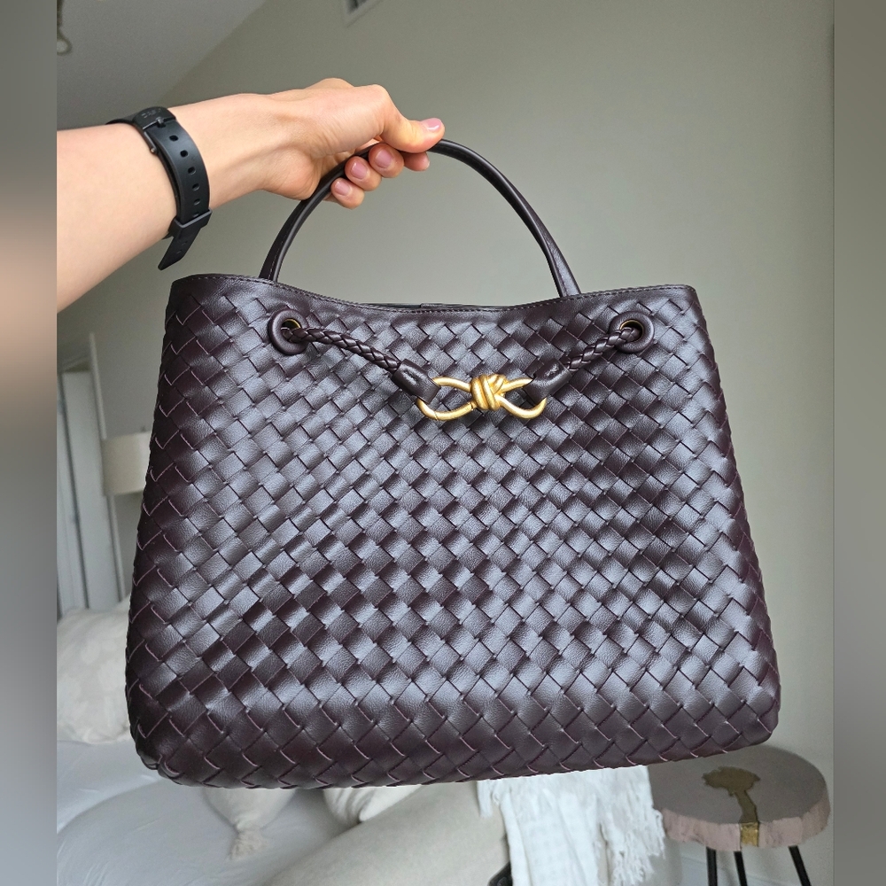 Elegant Leather Dark Burgundy Woven Tote Bag Purse Handbag